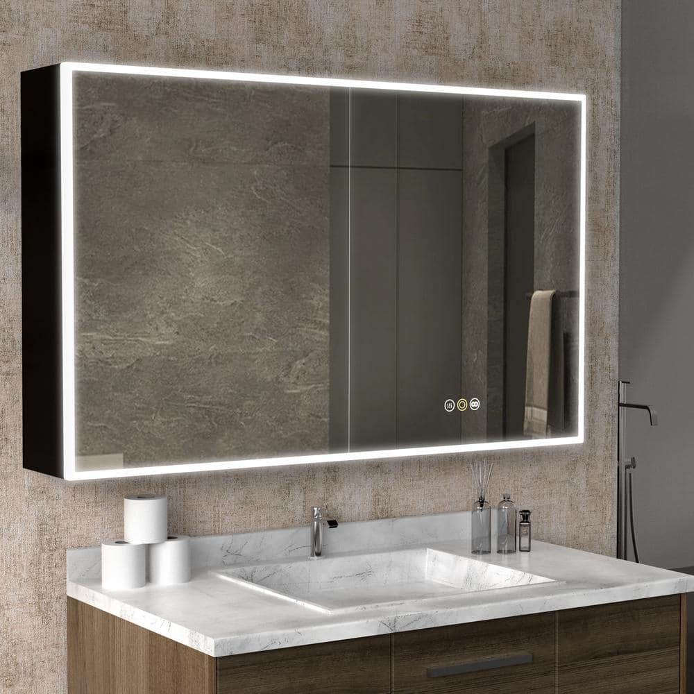 tunuo 48 in. W x 30 in. H Rectangular Black LED Light Anti-fog Aluminum Surface Mount Medicine Cabinet with Mirror