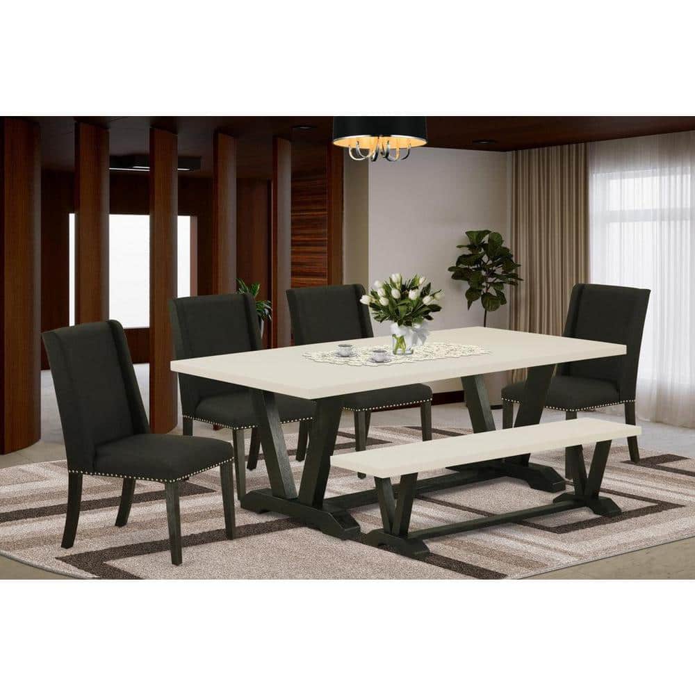 East West Furniture 6-Piece Rectangle Natural Oak Finish Solid Wood Top Dining Table with 1 Bench, 4 Chairs with Lattice Back