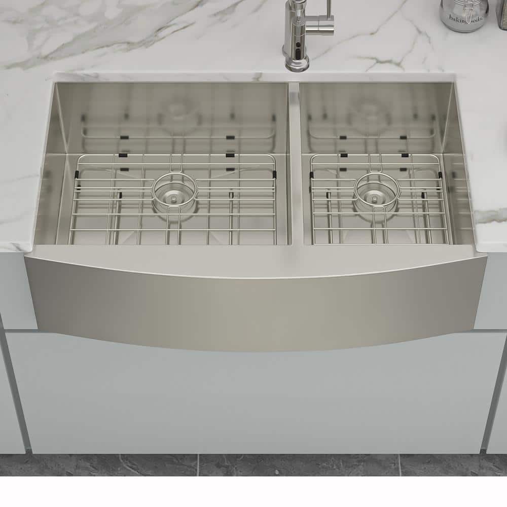 Coporesell 33 in. Farmhouse Double Bowl (60/40) 16-Gauge Brushed Nickel Stainless Steel Kitchen Sink with Bottom Grids