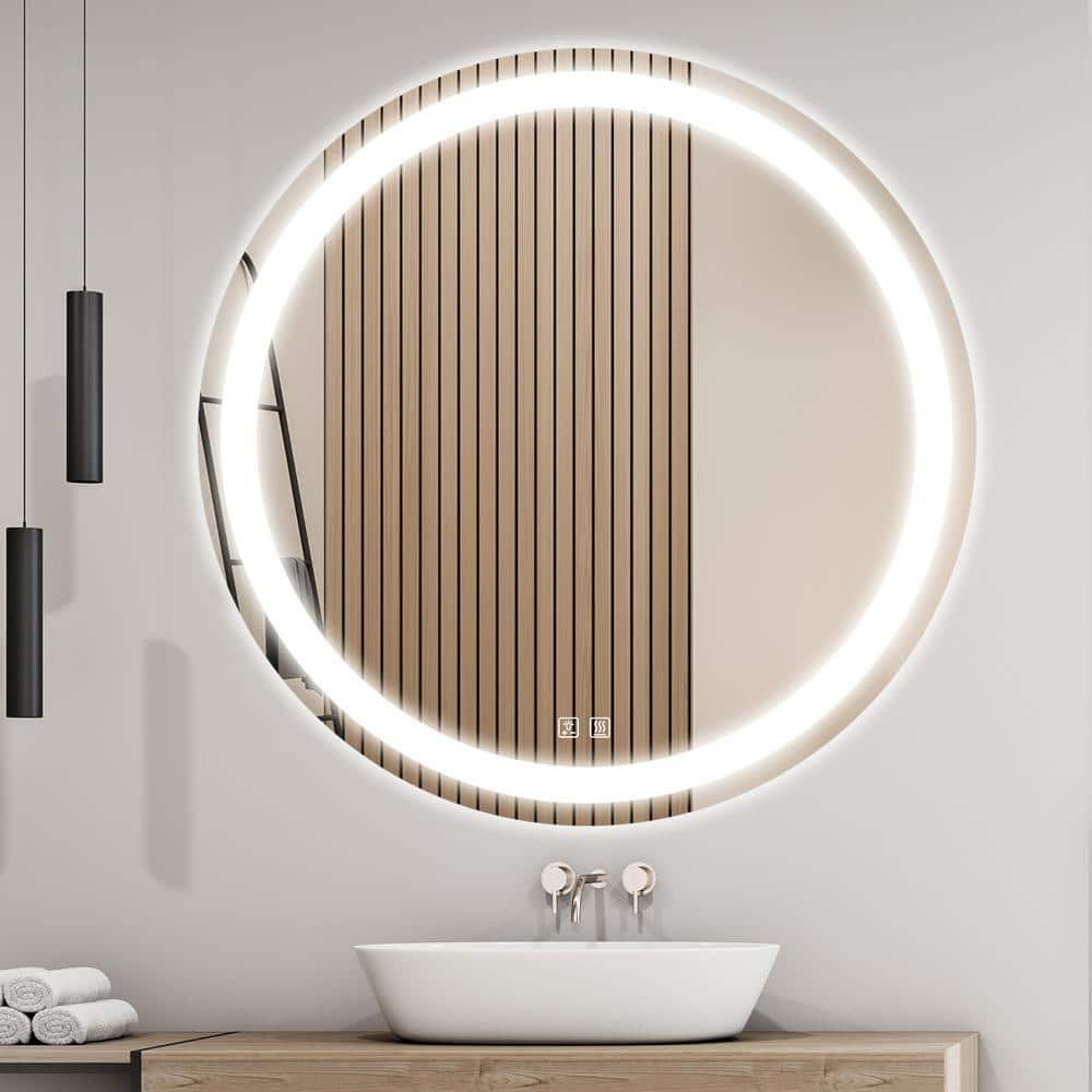 HOMLUX 28 in. W x 28 in. H Round Frameless LED Light with 3-Color and Anti-Fog Wall Mounted Bathroom Vanity Mirror