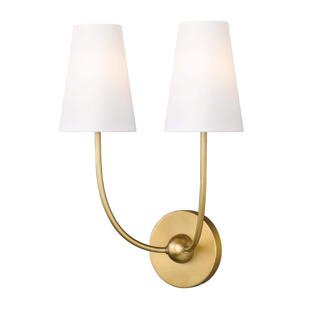 Shannon 12.75 in. 2-Light Rubbed Brass Wall Sconce Light with White Fabric Shade with No Bulbs Included