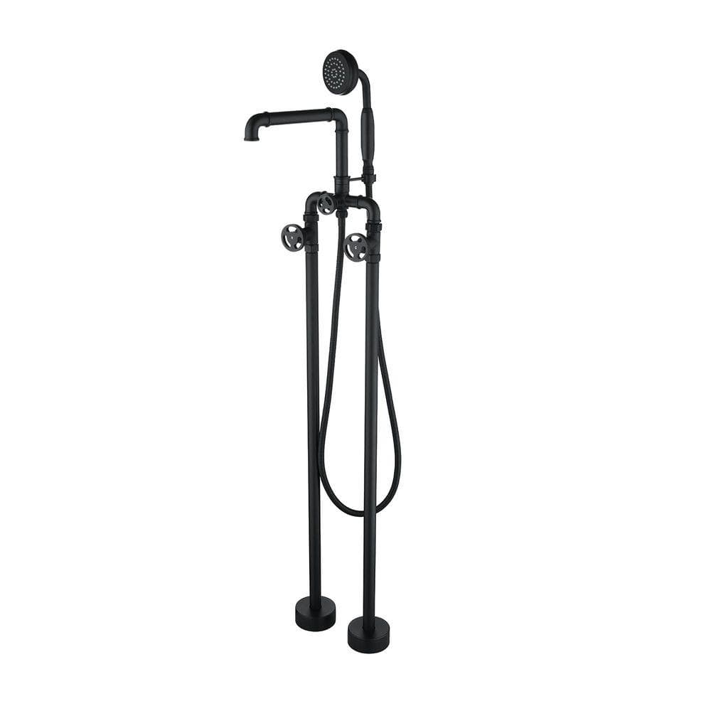 Modland 2-Handle Freestanding Tub Faucet with Handheld Shower Floor Mount Roman Tub Filler 1.8 GPM in Matte Black