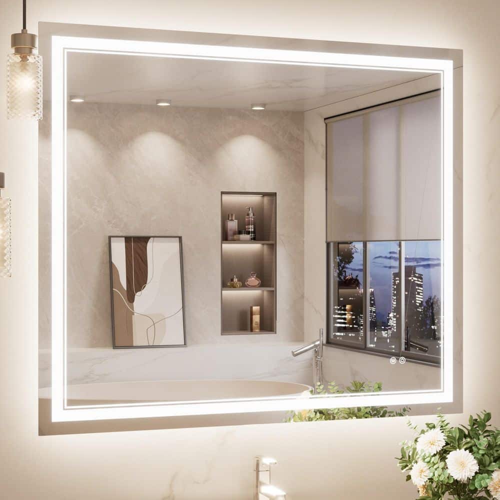 KeonJinn 42 in. W x 36 in. H Rectangular Frameless LED Lighted Wall Bathroom Vanity Mirror 3 Colors Dimmable Light and Anti-Fog
