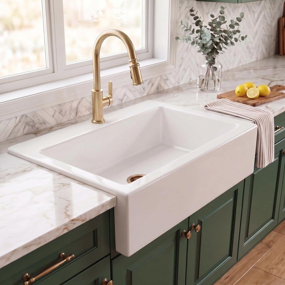 SINKOLOGY Parker 34 in. 1-Hole Quick-Fit Farmhouse/Apron-Front Drop-In Single Bowl Crisp White Fireclay Kitchen Sink