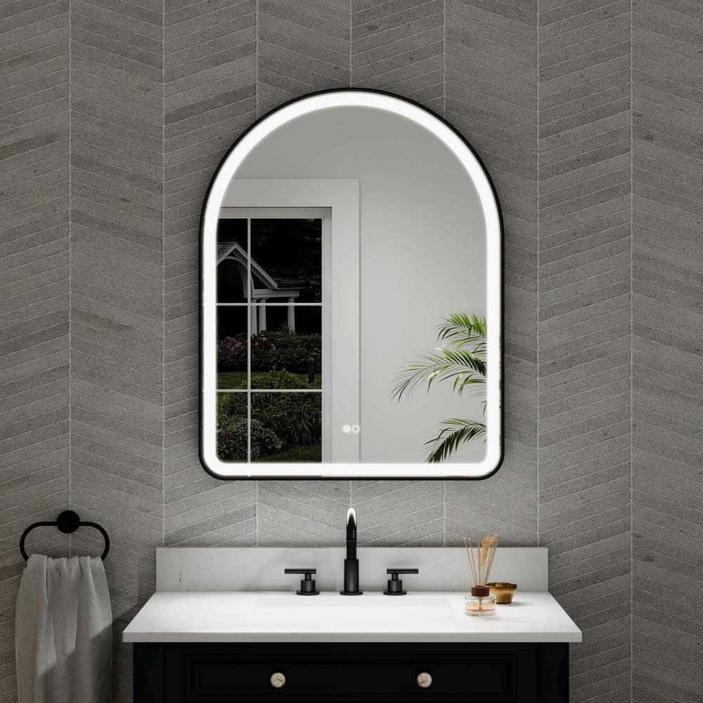 WELLFOR BONIE 28 in. W x 36 in. H Arched Framed LED Anti-Fog Wall Bathroom Vanity Mirror in Matte Black