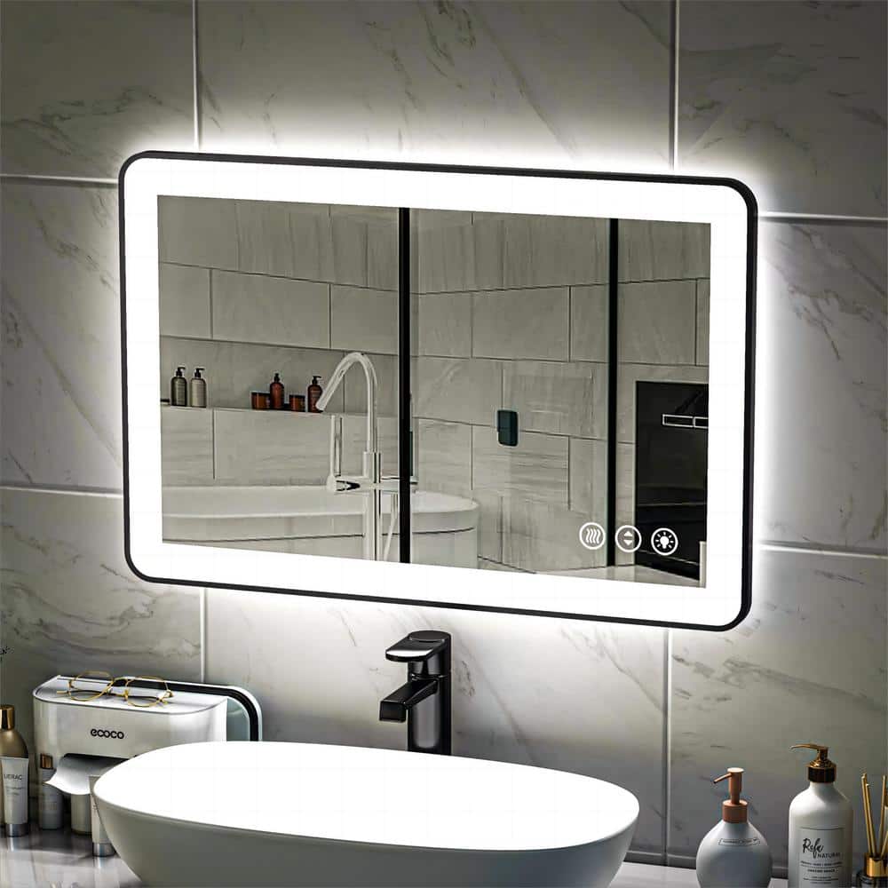 ORGANNICE 24 in. W x 36 in. H Rectangular Framed LED Anti-Fog Wall Mount Bathroom Mirror in Black with Backlit and Front Light