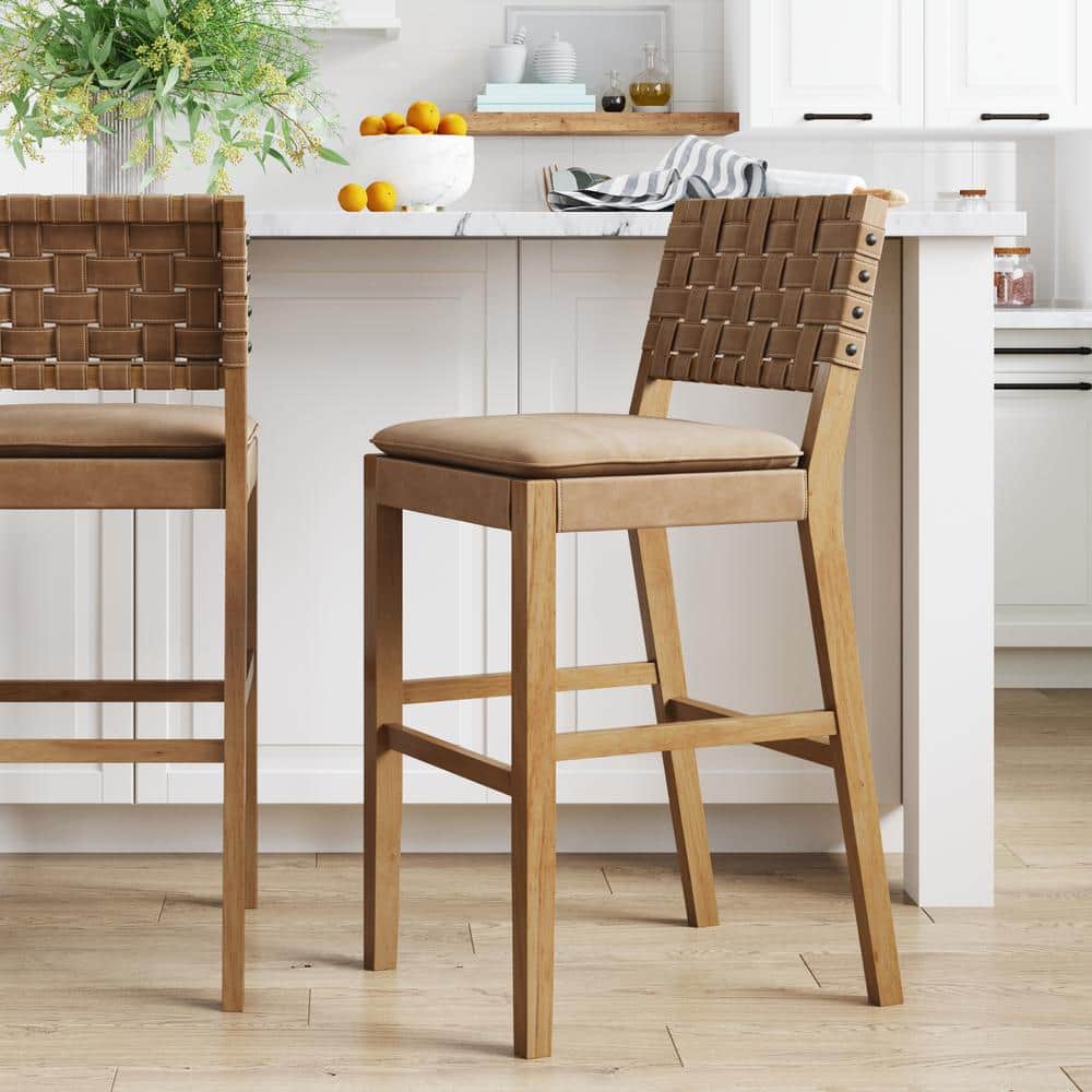 Nathan James Cohen 29 in. Natural Brown Wood Mid-Century Faux Leather Counter Height Bar Stool, with Woven Back for Kitchen