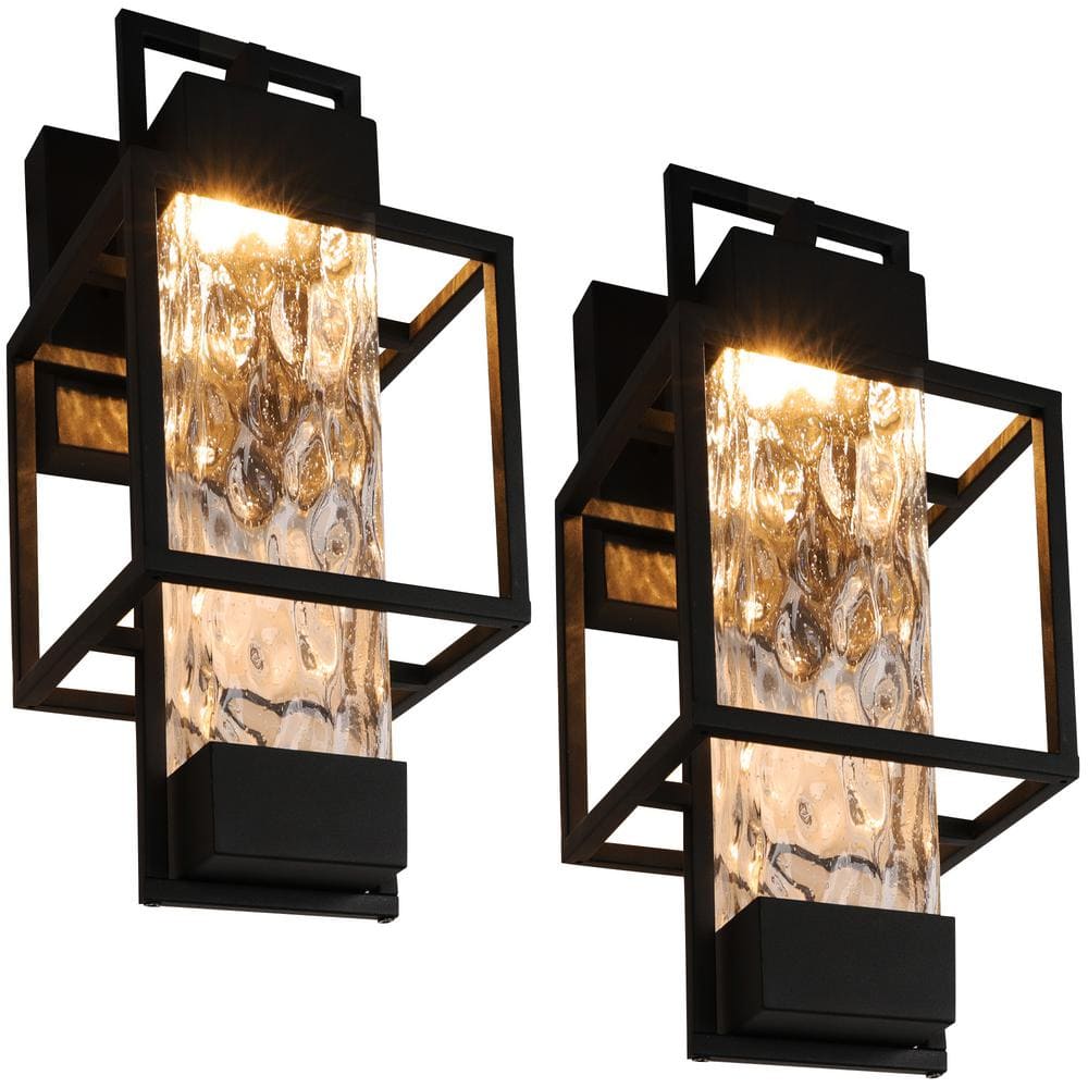 Rottogoon Modern Black Outdoor Light Fixtures Dusk to Dawn 2 Pack with LED T10 Bulbs, 15" Wall Sconce Lantern Waterproof for Porch