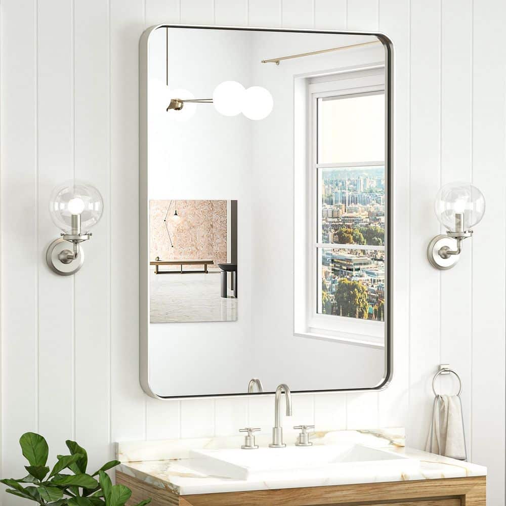 KeonJinn 24 in. W x 36 in. H Rectangular Brushed Nickel Bathroom Mirror Aluminum Framed Wall Bathroom Vanity Mirror Over Sink