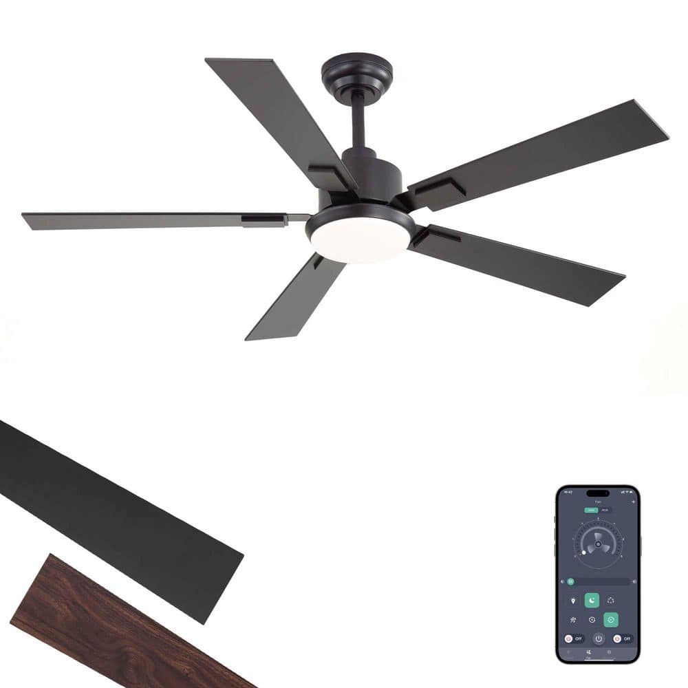 MOKSILED 52 in. Indoor Matte Black Dimmable 6-Speed Quiet Down Rod Mount Standard Ceiling Fan with Lights and Remote DC Motor