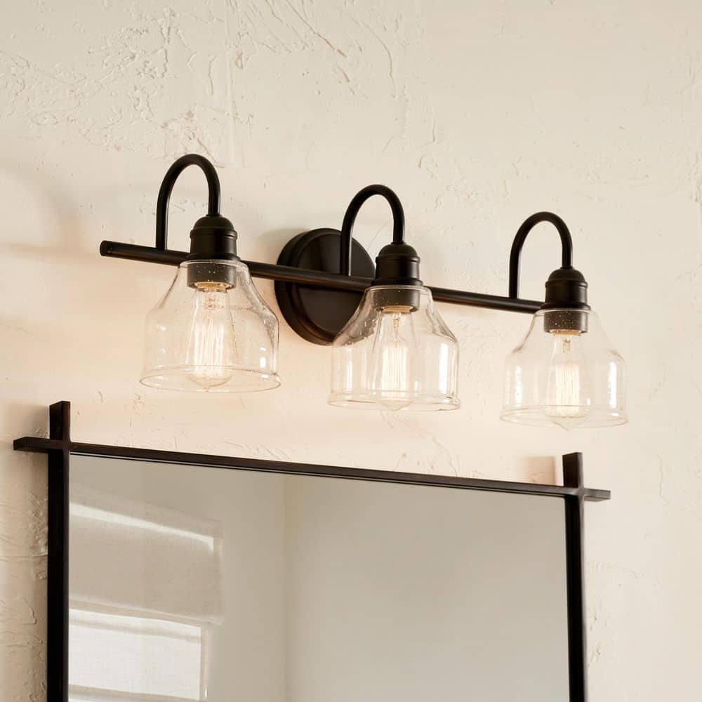 KICHLER Avery 24 in. 3-Light Black Industrial Bathroom Vanity Light with Clear Seeded Glass