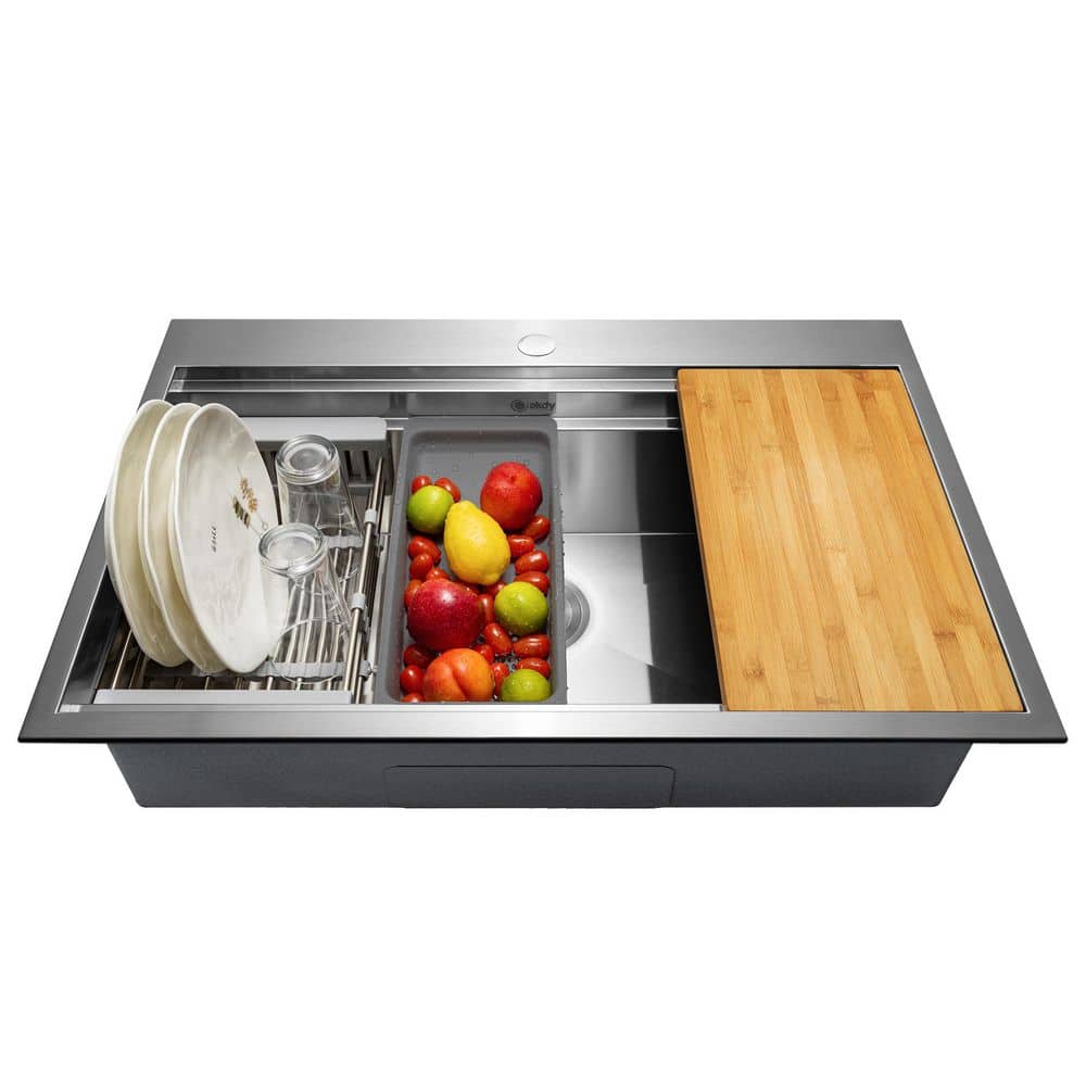 AKDY 30 in. Drop-in Single Bowl Brushed Stainless Steel Workstation Kitchen Sink with Accessories