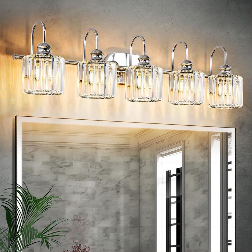 RRTYO Avenlur 37.4 in. 5-Light Glam Chrome Crystal Bathroom Vanity Light Over Mirror Dimmable Linear Luxury Wall Light