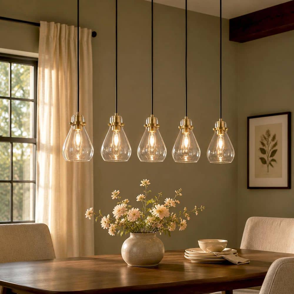 Uolfin Modern Kitchen Island Chandelier 5-Light Black and Brass Linear Dining Room Chandelier with Clear Glass Shades