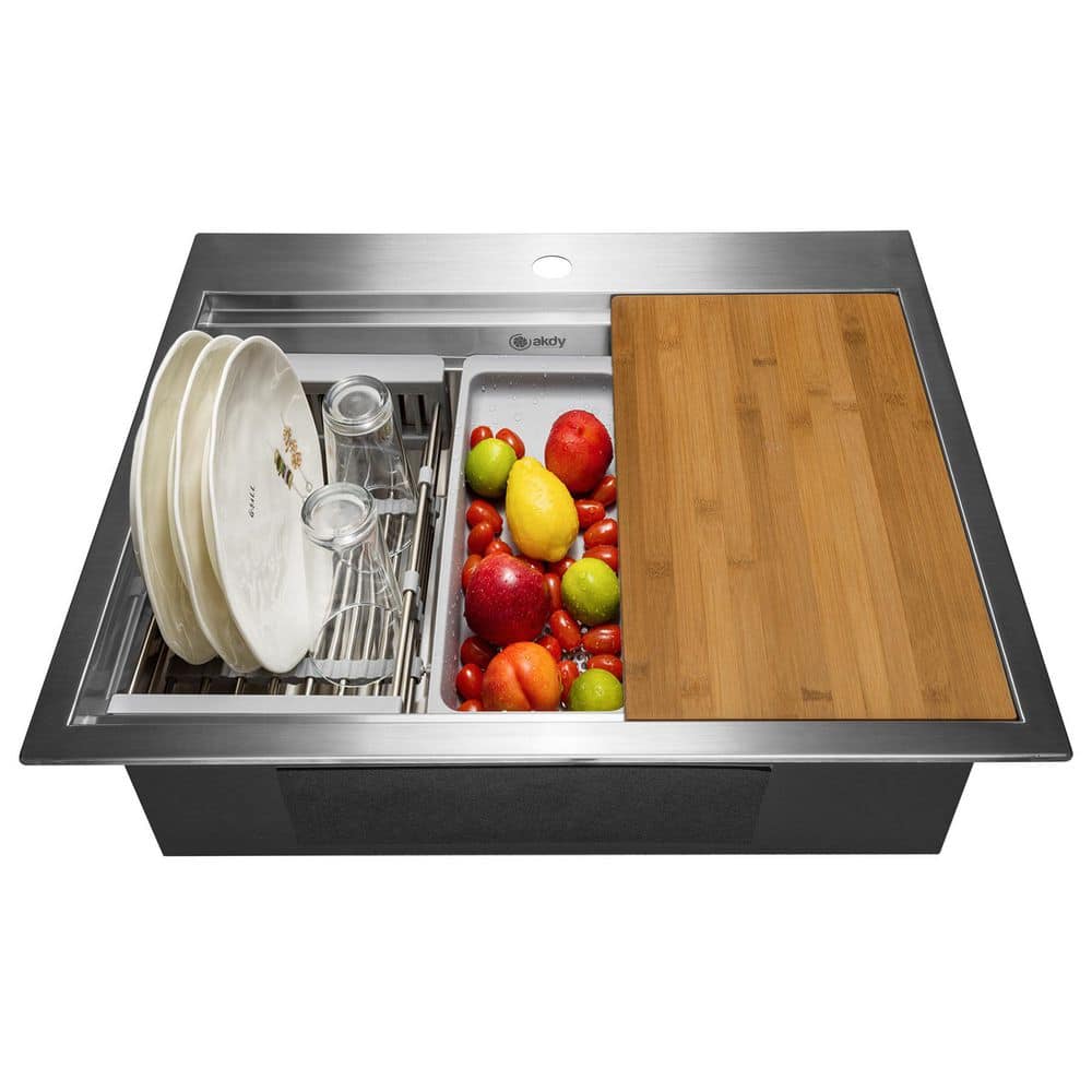 AKDY Handmade Drop-In 25 in. x 22 in. Stainless Steel Single Bowl Workstation Kitchen Sink