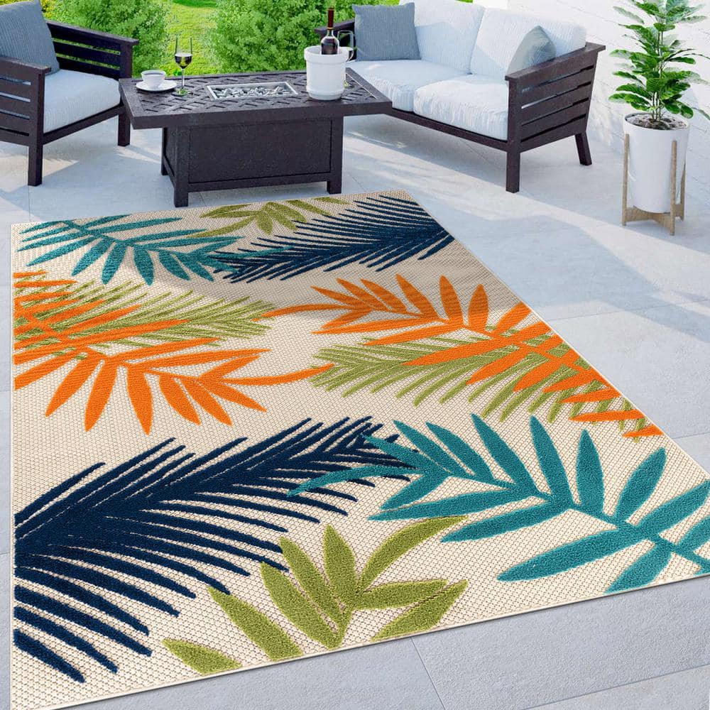 World Rug Gallery Evora Palm Frond Multi 2 ft. 7 in. x 12 ft. Indoor/Outdoor Runner Rug
