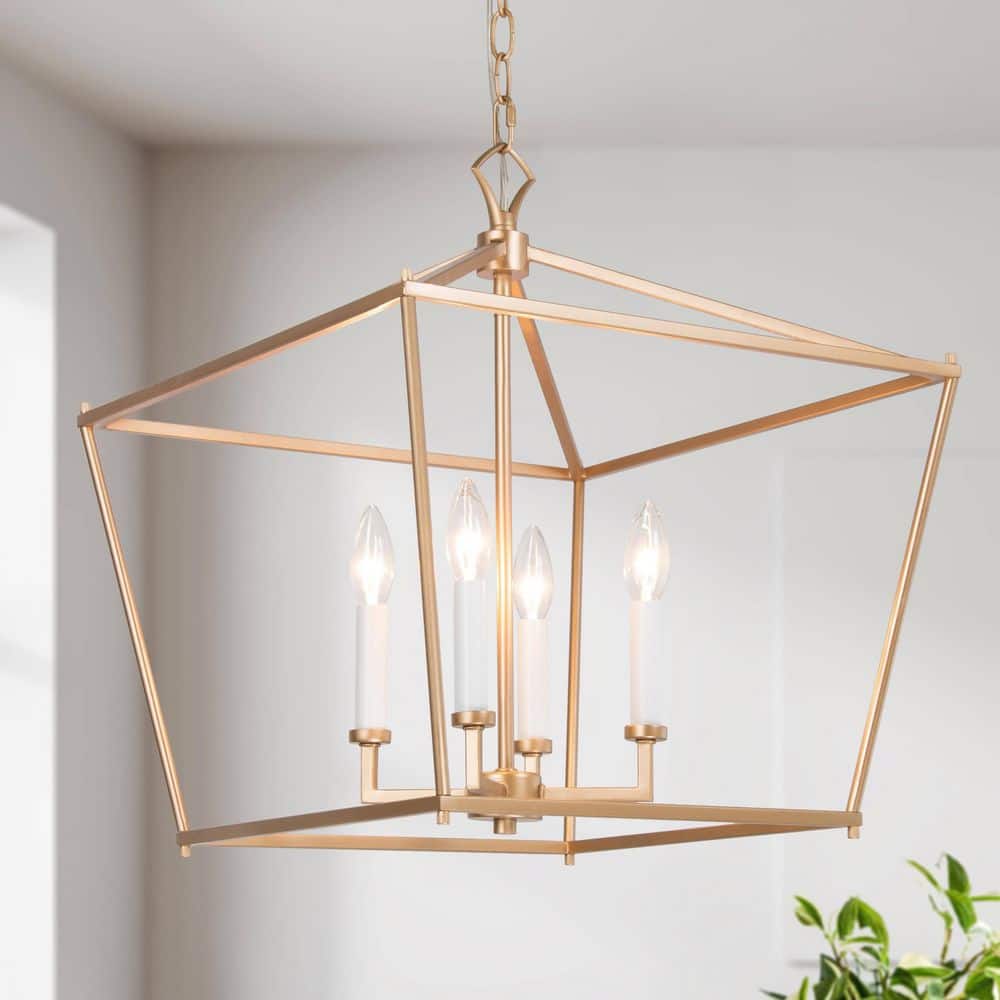 LNC 17.5 in. W Gold Chandelier Modern Candlestick Island 4-Light Lantern Cage Linear Geometric Pendant Chandelier
