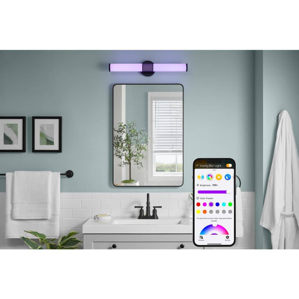 Hampton Bay PENROSE 24 in. SMART Matte Black Perforated LED Vanity Light Wireless Powered by Hubspace 2700K-5000K Night Light Mode