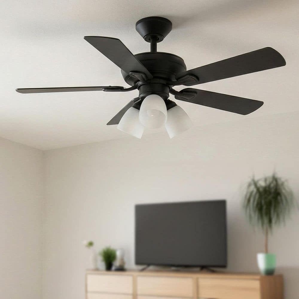 Hampton Bay Riley 44 in. Indoor LED Matte Black Downrod Ceiling Fan with 5 Reversible Blades, Light Kit and Remote Control Included