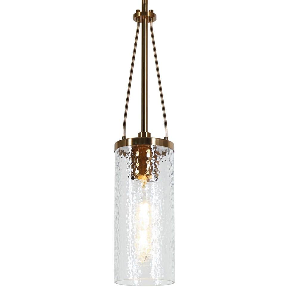 LNC Modern Brass Pendant Light 1-Light Cylinder Drum Mini Pendant Light with Hammered Glass Shade for Kitchen, Dining Room