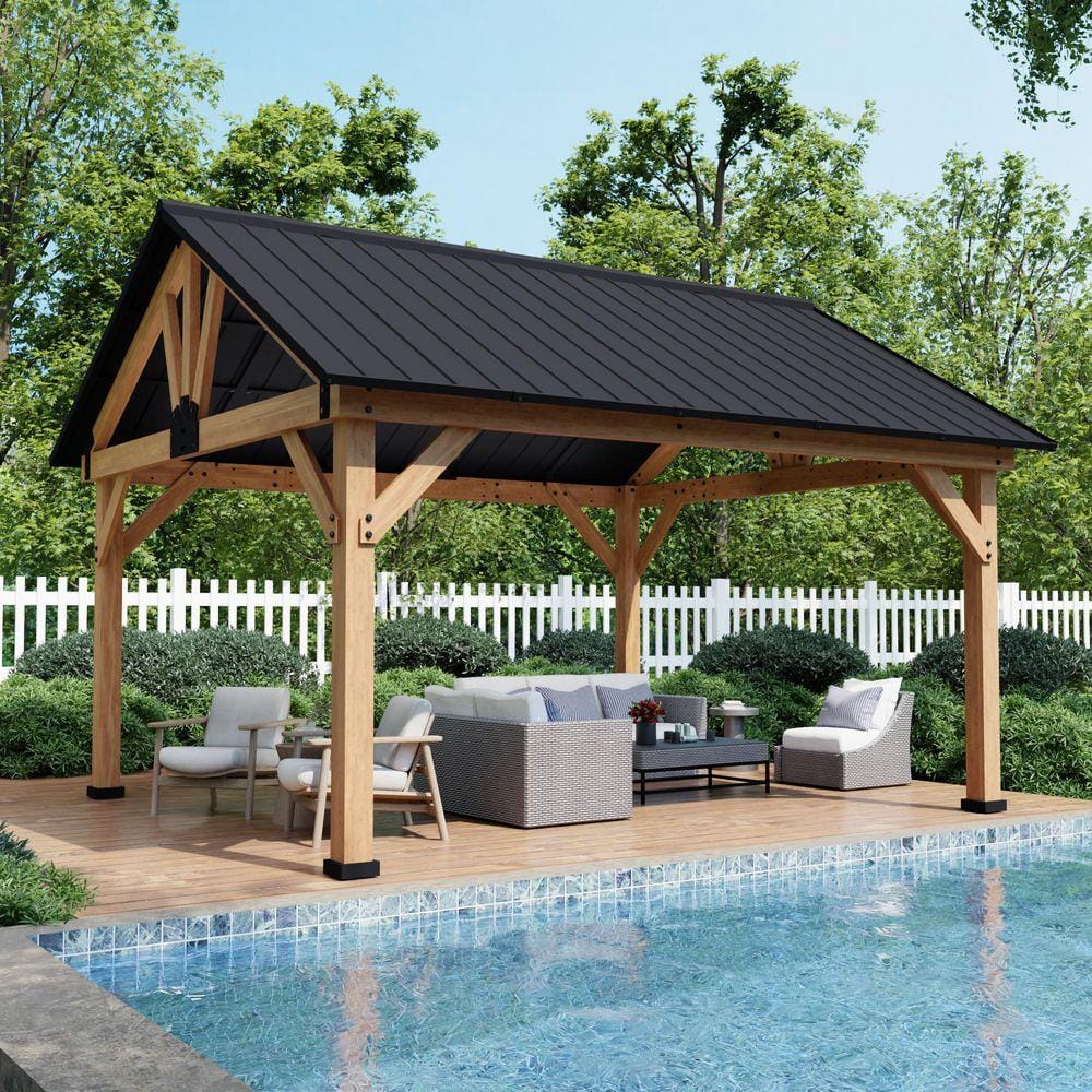 Esunny 15 ft. x 13 ft. Outdoor Solid Cedar Wood Patio Hardtop Gazebo with Ceiling Hook and Black Galvanized Steel Roof