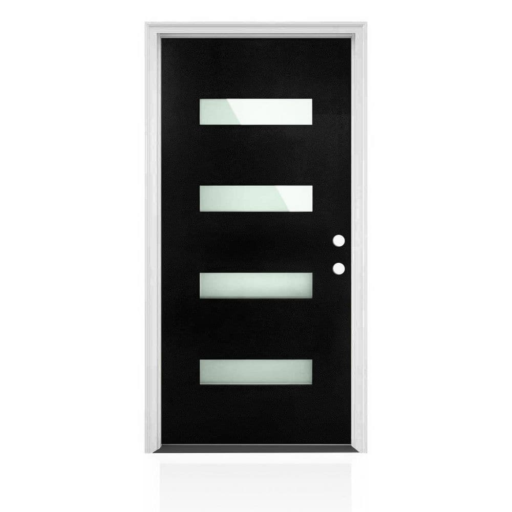 CALHOME 36 in. x 80 in. Left-Hand 4 Lite Frosted Glass Black Modern Prehung Exterior Fiberglass Front Door with Brickmould