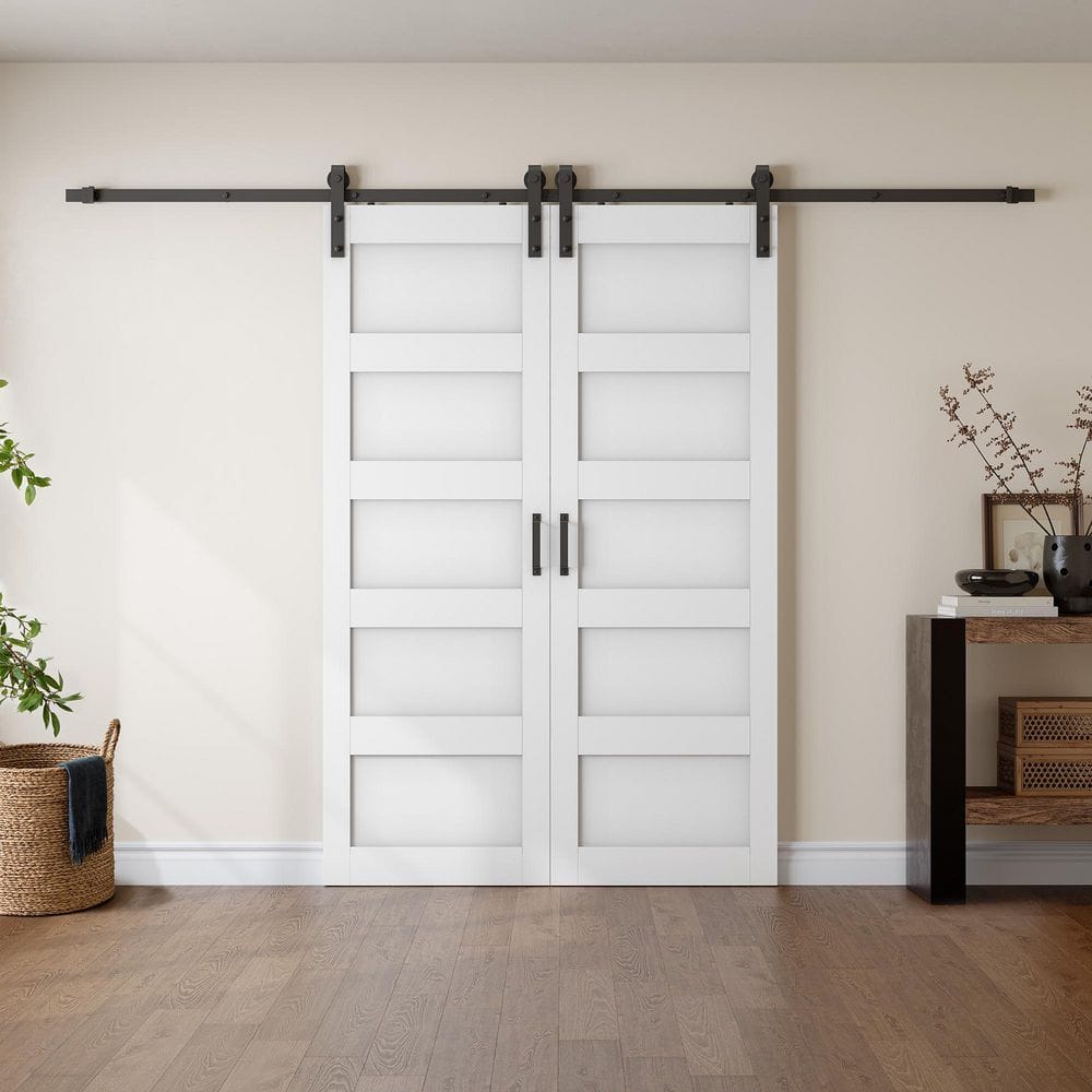 SOCBAZZAR 64 in. x 84 in. (Double 32 in.) 5-Panel White Finished Composite Double Sliding Barn Door with Hardware Kit