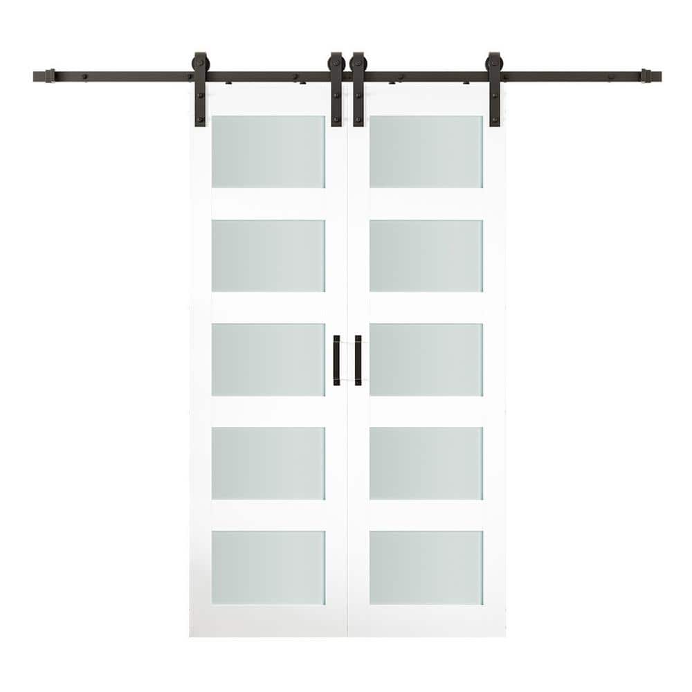 SOCBAZZAR 64 in. x 84 in. (Double 32 in.) 5-Lite Frosted Glass White Prefinished MDF Interior Sliding Barn Door with Hardware Kit