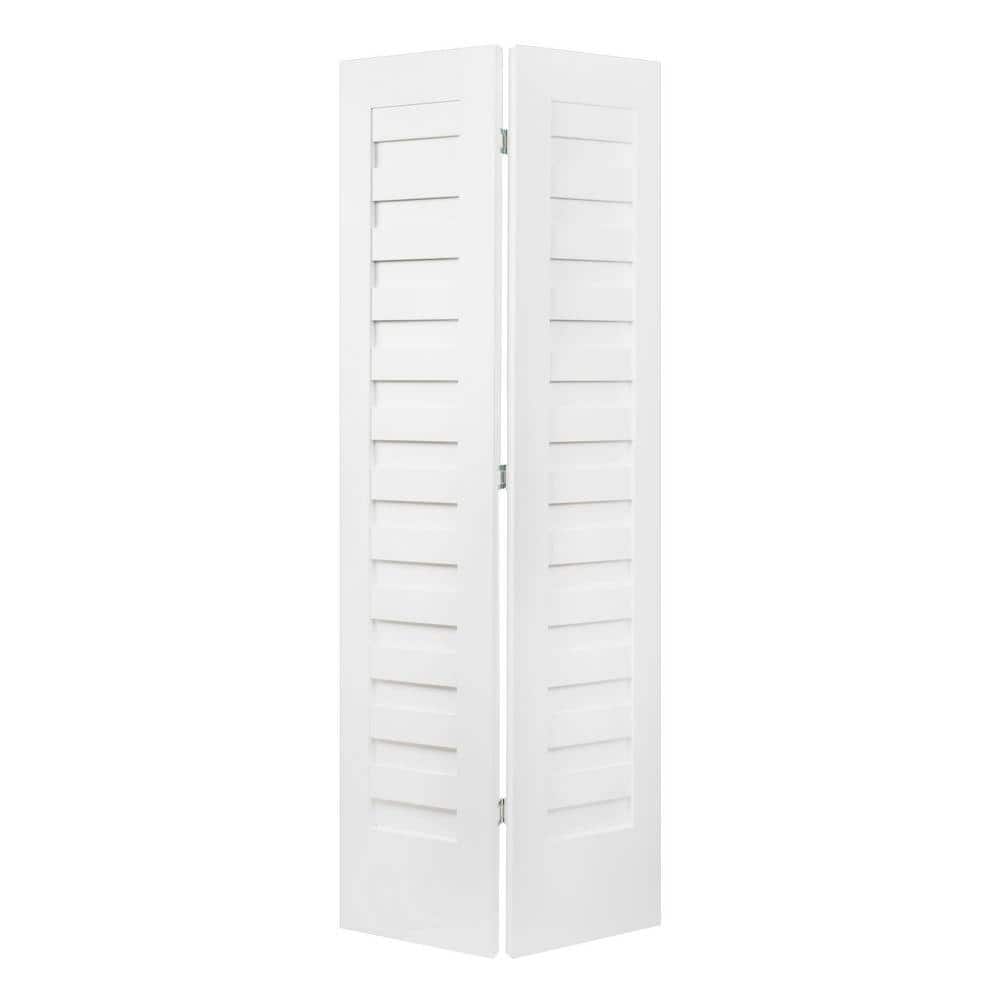 PONDEROSA WOOD 30 in. x 96 in. Shadow Louver Solid Core White Primed Smooth Wood Bi-fold Door with Hardware