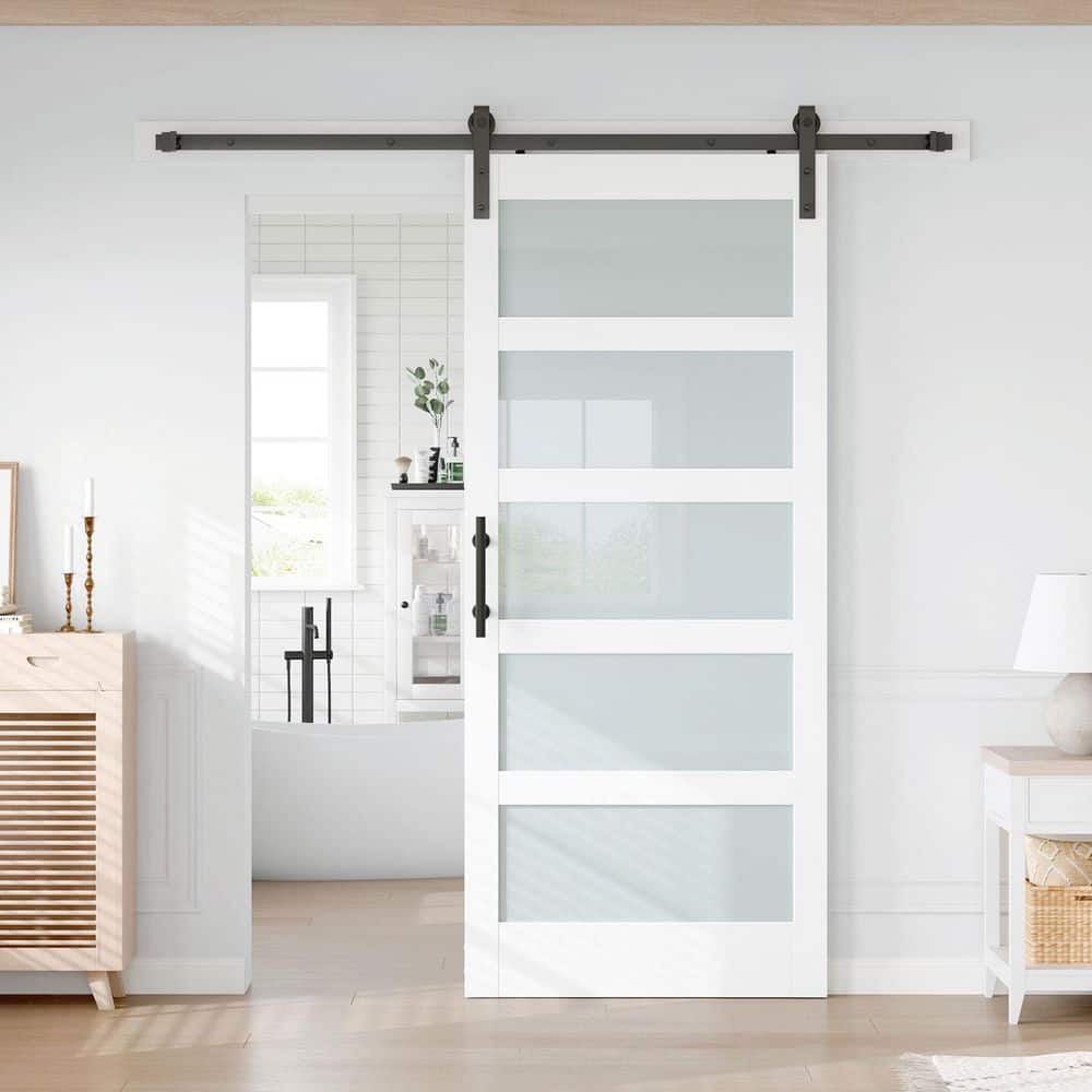 easelife 34 in. x 84 in. 5-Lite Frosted Glass White Finished MDF Assembly Required Sliding Barn Door with Hardware Kit