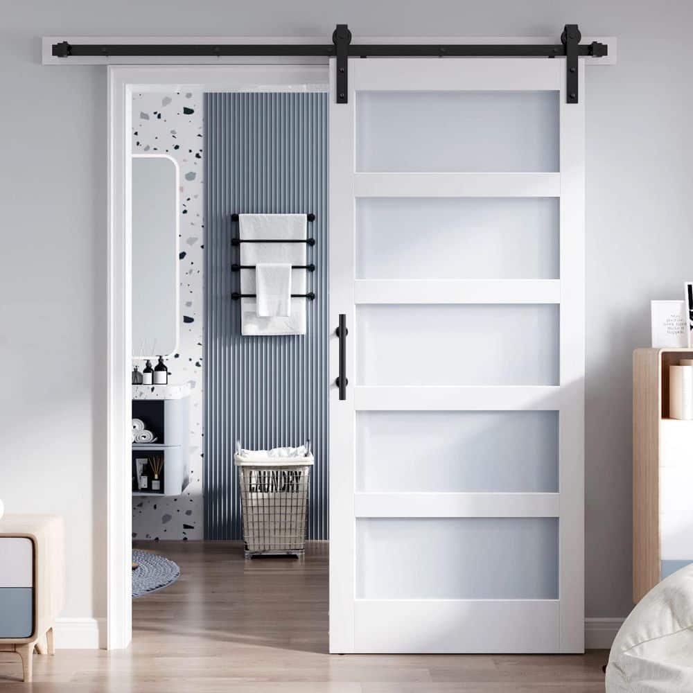 TREEBLING 34 in. x 84 in. 5-Lite Frosted Glass White Finished MDF Wood Assembly Required Sliding Barn Door with Hardware Kit