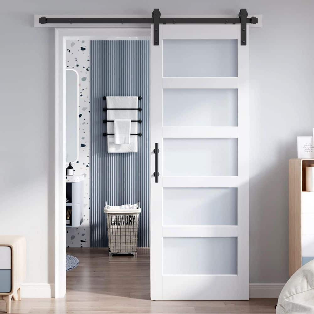 TREEBLING 30 in. x 84 in. 5-Lite Frosted Glass White Finished MDF Wood Assembly Required Sliding Barn Door with Hardware Kit