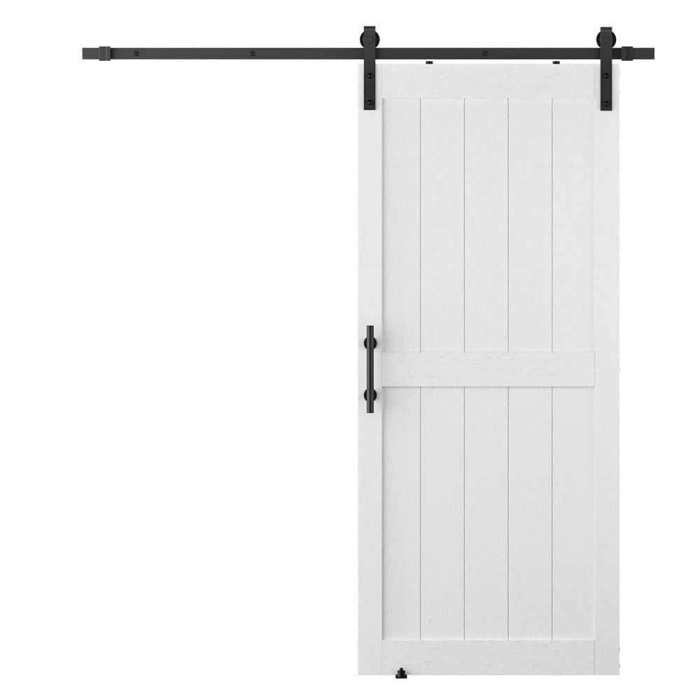 GOLDENPOLEY 32 in. x 84 in. Paneled H Shape Mid-Bar White Finished MDF Assembly Required Sliding Barn Door with Hardware Kit