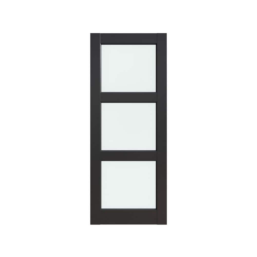 WinkLuck 28 in. x 80 in. Otis 3-Lite Tempered Frosted Glass Interior Door Slab Solid Core MDF Black Primed French Door Slab