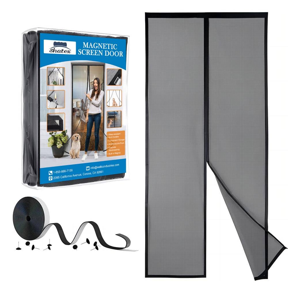 Shatex 34 in. x 82 in. Black Fiberglass Magnetic Screen Door Heavy Duty Mesh Curtain Bi-Parting