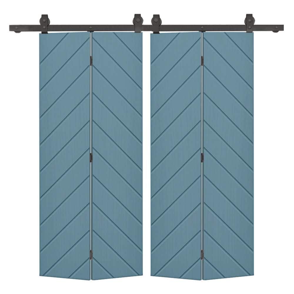 CALHOME Herringbone 48 in. x 80 in. Dignity Blue Painted MDF Modern Bi-Fold Double Barn Door with Sliding Hardware Kit