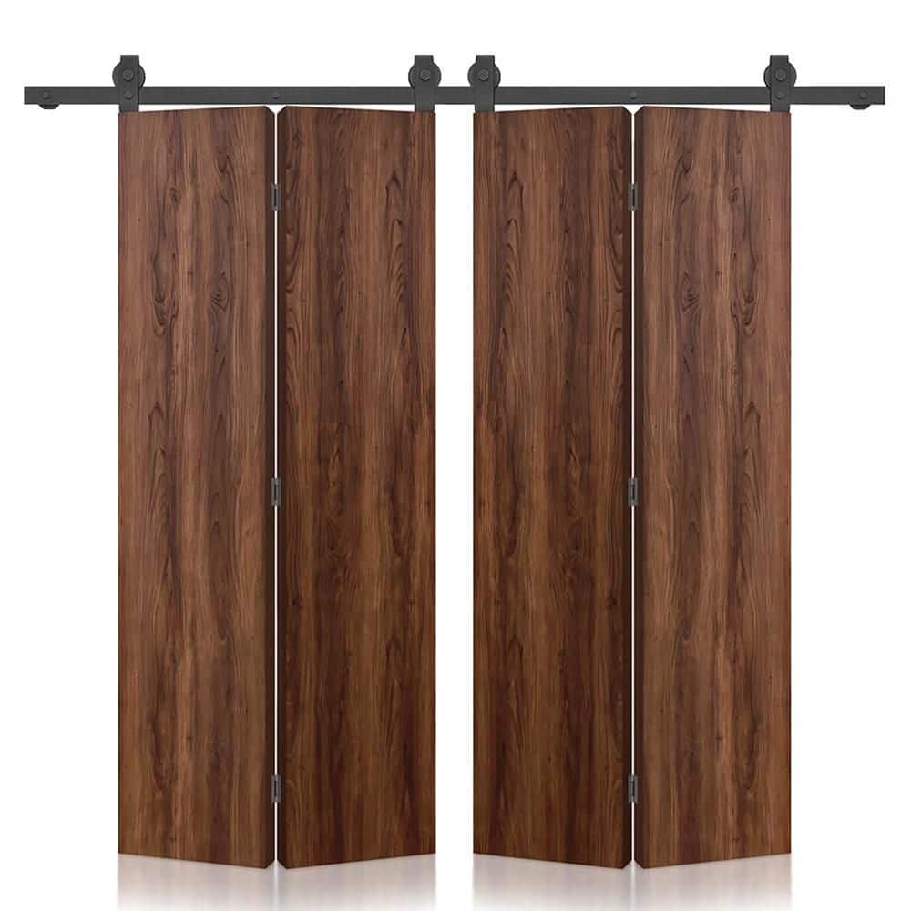 CALHOME 72 in. x 84 in. Hollow Core Walnut Composite Textured Double Bi-fold Door with Sliding Barn Door Hardware Kit